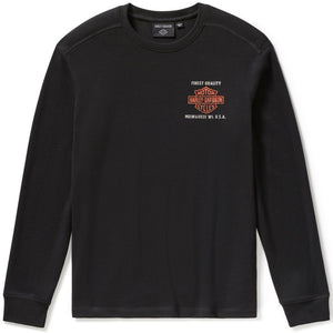 Black long-sleeve shirt with a logo on a white background