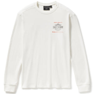 White sweatshirt with a logo and text on a white background