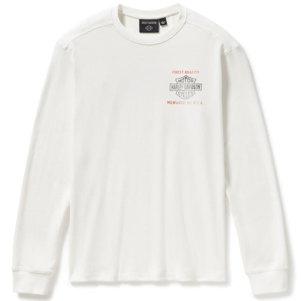White sweatshirt with a logo and text on a white background