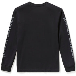 Black long-sleeve shirt with branding on sleeves against a white background