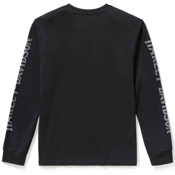 Black long-sleeve shirt with branding on sleeves against a white background