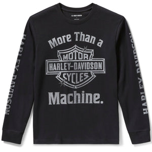 Black long-sleeve shirt with Harley-Davidson logo and text on a white background