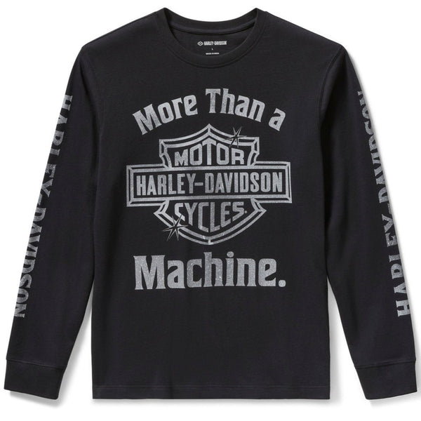 Black long-sleeve shirt with Harley-Davidson logo and text on a white background