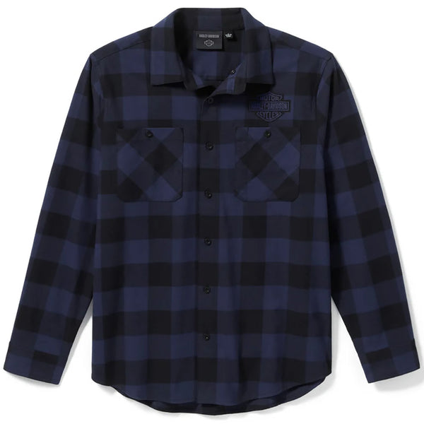 Harley-Davidson Men's Bar & Shield Buffalo Check Button-Up Long Sleeve Flannel Shirt, Black & Blue 96734-25VM