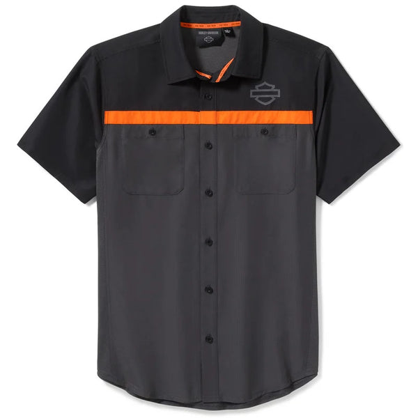 Harley-Davidson Men's H-D TECH Vented Button-Up Colorblock Short Sleeve Shirt, Gray/Orange 96736-25VM