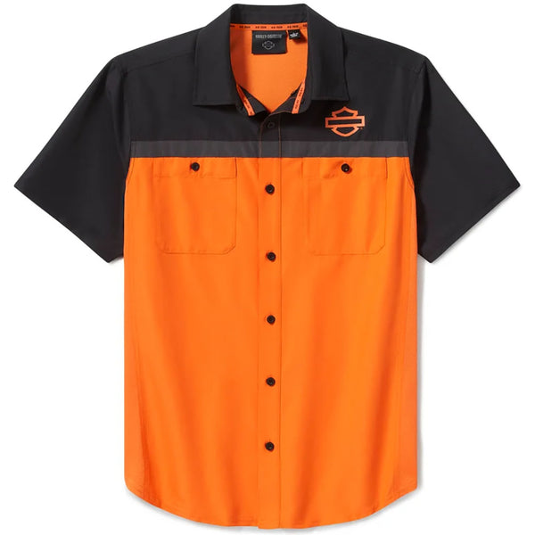 Harley-Davidson Men's H-D TECH Vented Button-Up Colorblock Short Sleeve Shirt, Orange/Black 96737-25VM