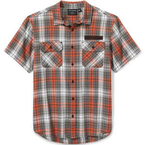 Plaid shirt with orange, gray, and black pattern on a white background