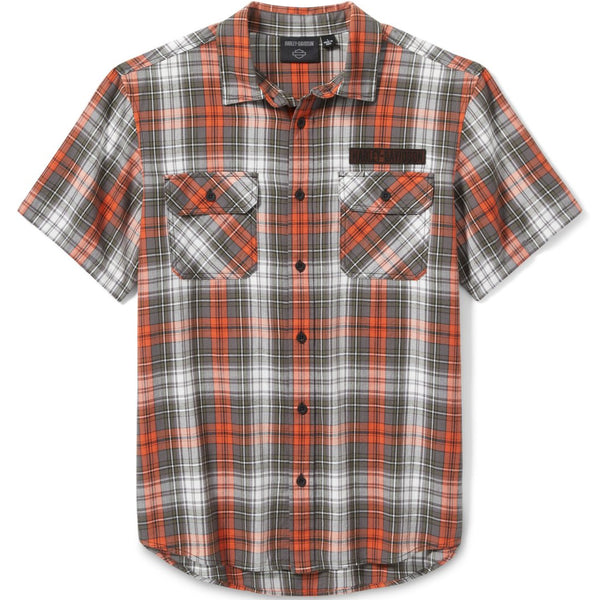 Plaid shirt with orange, gray, and black pattern on a white background