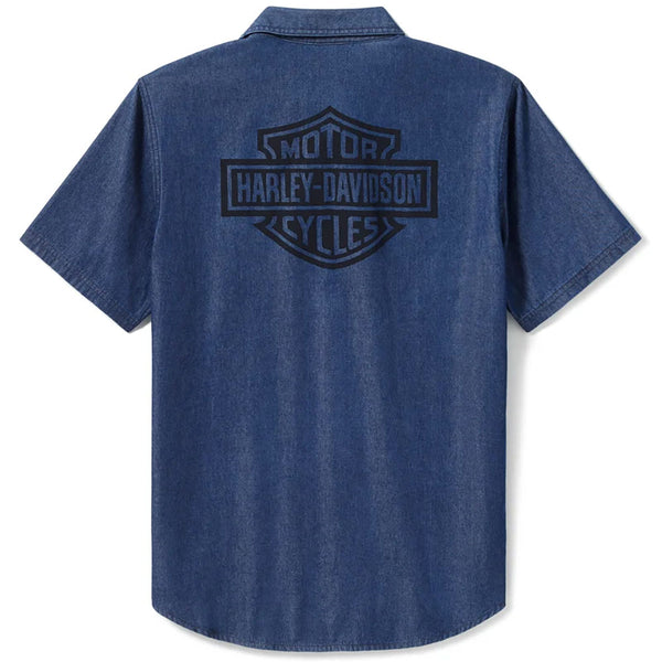 Harley-Davidson Men's Bar & Shield Chambray Button-Up Short Sleeve Shirt, Blue 96740-25VM