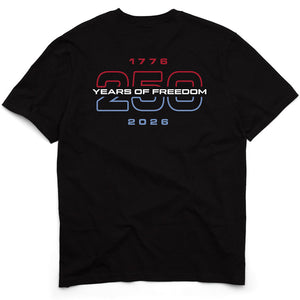 Black t-shirt with '1776 250 Years of Freedom 2026' text design on a white background