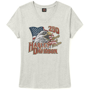 A light heather gray v-neck t-shirt featuring a vintage-style Harley-Davidson graphic on the front with an eagle, American flag, and '250 Years of Freedom' text.