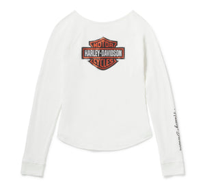 White long-sleeve shirt with Harley-Davidson logo on a white background