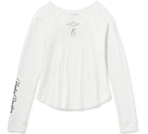 White long-sleeve shirt with branding on a white background