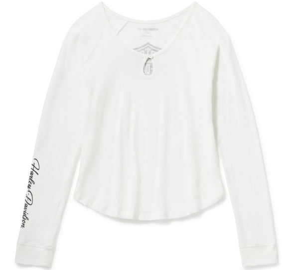 White long-sleeve shirt with branding on a white background