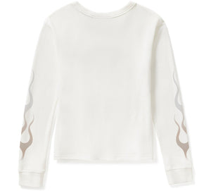 White sweatshirt with flame designs on sleeves against a white background