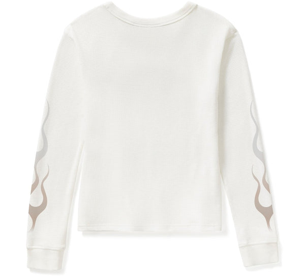 White sweatshirt with flame designs on sleeves against a white background