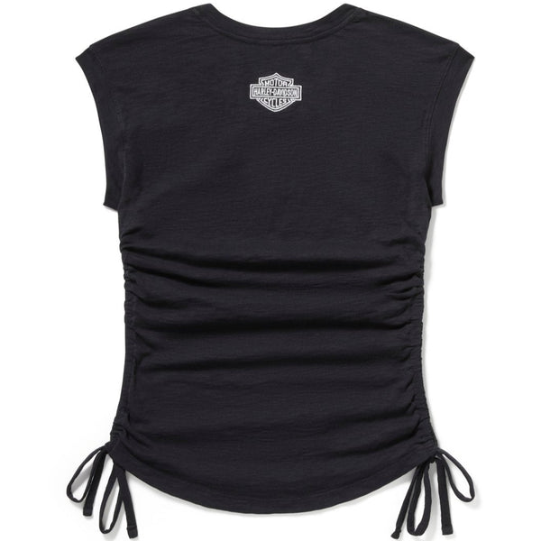 Black sleeveless top with a logo on the chest against a white background