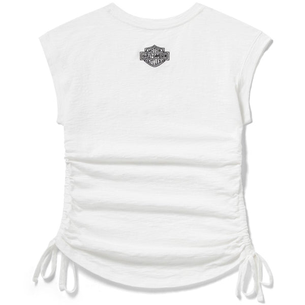 White sleeveless top with ruched design and brand logo on a white background