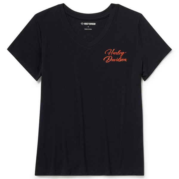Black t-shirt with Harley Davidson logo on a white background