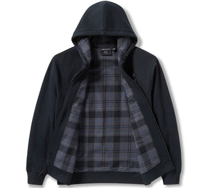 Black hoodie with plaid lining on a white background