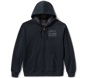 Black hoodie with 'Harley Davidson Motorcycles' logo on a white background