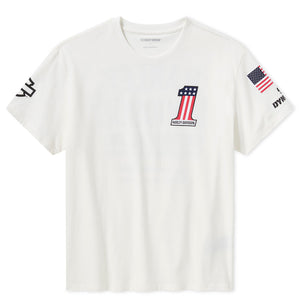 White t-shirt with logos on sleeves against a white background