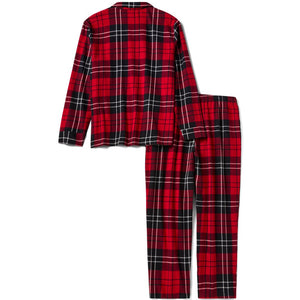 Red and black plaid pajama set on a white background