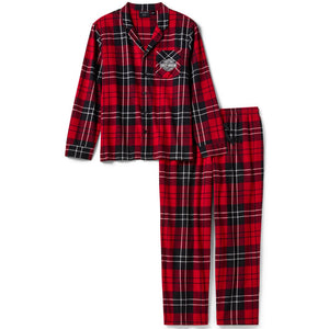 Red and black plaid pajama set on a white background