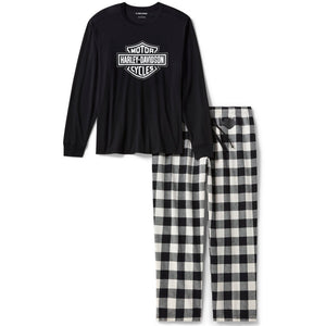 Black long-sleeve shirt and plaid pants with Harley-Davidson logo on a white background