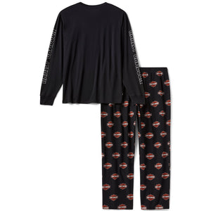 Black long-sleeve top and pants with logo pattern on a white background