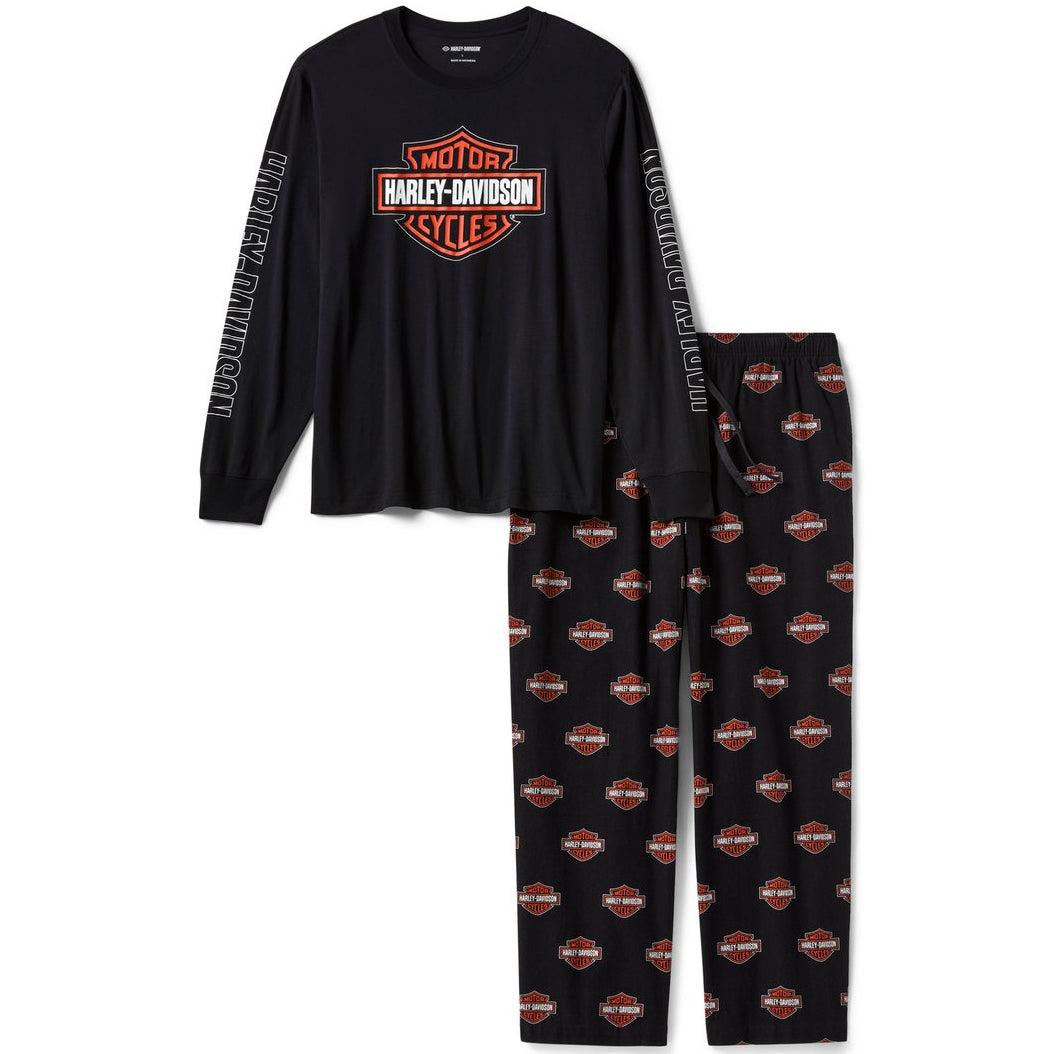 Harley-Davidson long-sleeve shirt and pants set on a white background