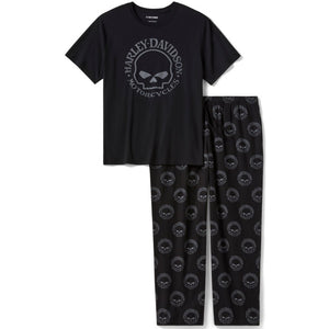 Black Harley-Davidson t-shirt and pants set on a white background