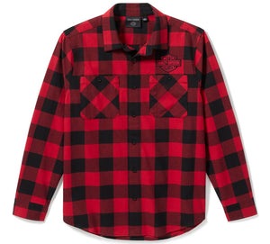 Red and black checkered shirt with a brand logo on a white background
