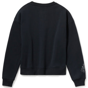 Black sweatshirt with a small design on the sleeve against a white background
