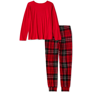 Red long-sleeve top and plaid pants on a white background