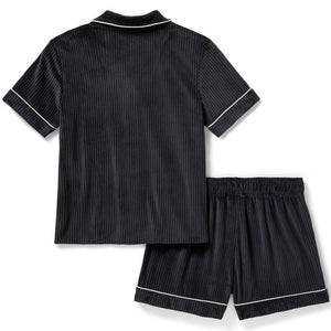Black pinstripe pajama set with shorts on a white background