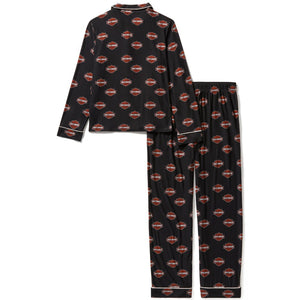 Black pajama set with red and white logo pattern on a white background