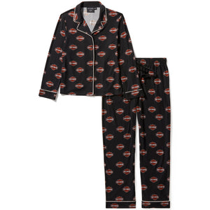 Black pajama set with red and white logo pattern on a white background