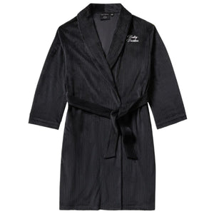 Black pinstripe robe with a brand logo on a white background 