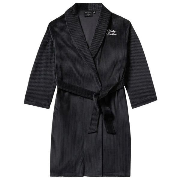 Black pinstripe robe with a brand logo on a white background 