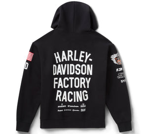 Black hoodie with 'Harley-Davidson Factory Racing' text on the back, displayed against a white background.