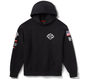Black hoodie with brand logo on a white background