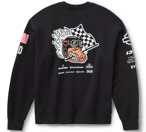 Black sweatshirt with graphic design on a white background