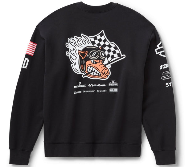 Black sweatshirt with graphic design on a white background