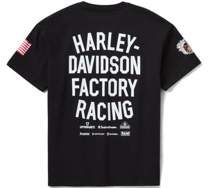 Black t-shirt with 'Harley-Davidson Factory Racing' text on a white background