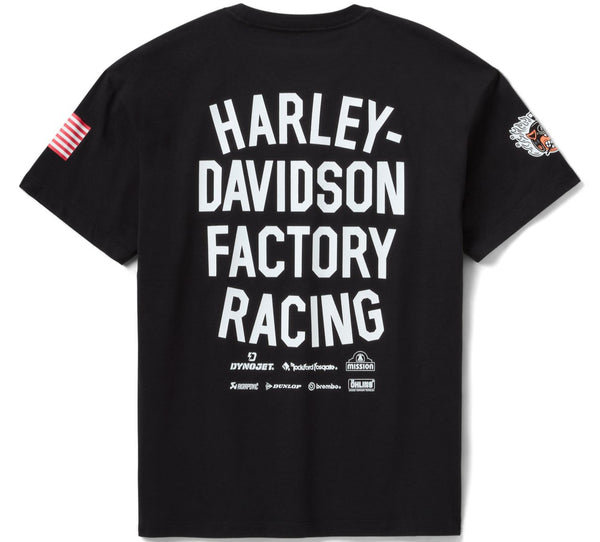 Black t-shirt with 'Harley-Davidson Factory Racing' text on a white background