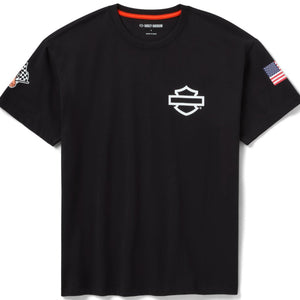 Black t-shirt with a logo and small flags on sleeves against a white background