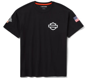 Black t-shirt with a logo and small flags on sleeves against a white background