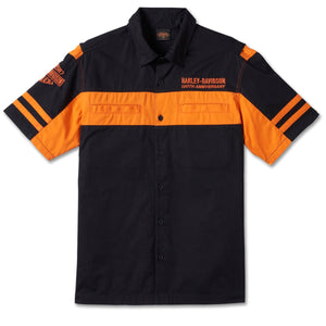 Harley-Davidson 120th Anniversary Men's Woven Colorblocked Button-Up Shirt, Black/Orange 96872-23VM