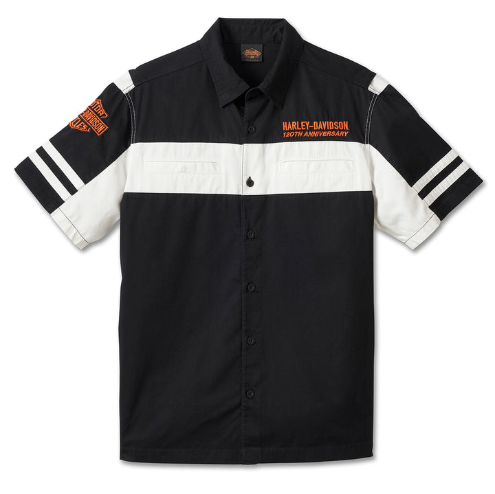 Harley-Davidson 120th Anniversary Men's Woven Colorblocked Button-Up Shirt, Black/White 96873-23VM